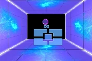 紫色のサイバーチックな部屋に、中央にピンクの円形オブジェクトと青い立体的なブロックが配置されている。