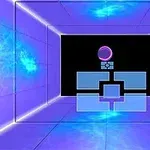 紫色のサイバーチックな部屋に、中央にピンクの円形オブジェクトと青い立体的なブロックが配置されている。
