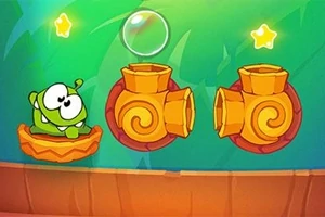緑色のキャラクターがオレンジ色の足場に乗っており、2つの渦巻き模様のパイプと星が浮かんでいる。