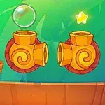 緑色のキャラクターがオレンジ色の足場に乗っており、2つの渦巻き模様のパイプと星が浮かんでいる。