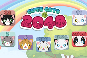 カラフルな背景に「2048」と書かれたタイトルと猫の顔が描かれたパネルが並んでいる画像。