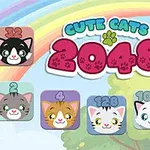 カラフルな背景に「2048」と書かれたタイトルと猫の顔が描かれたパネルが並んでいる画像。