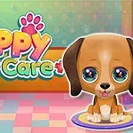 カラフルな背景に、大きな目をしたかわいい子犬が座っているイラスト。