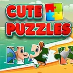 海辺の小屋とヤシの木、海の近くに「CUTE PUZZLES」と書かれたテキストがあり、パズルピースが並んでいるイラスト。
