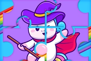 紫の背景に、魔法使いの帽子をかぶった白いキャラクターがほうきを持っており、赤いマントを着けたカラフルなパズルピースのイラスト。