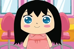 大きな青い目を持つ黒髪のキャラクターがピンクのドレスを着て椅子の前に立っているイラスト。