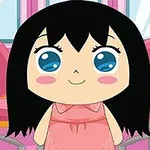 大きな青い目を持つ黒髪のキャラクターがピンクのドレスを着て椅子の前に立っているイラスト。