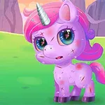 カラフルな背景の中に、傷だらけの紫色のユニコーンのキャラクターが描かれている。