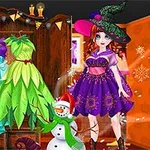ドレスを着た魔女のキャラクターと3着の色鮮やかなドレスが飾られているクローゼット。