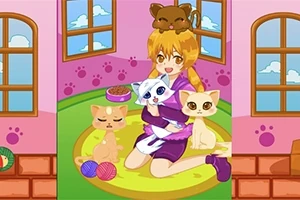 女の子が猫たちと一緒にカラフルな部屋の中で座っている。