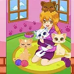女の子が猫たちと一緒にカラフルな部屋の中で座っている。