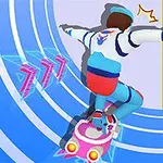 青と白のスーツを着た人物が、ピンク色のホバーボードに乗って青と黄色の壁を走っている。