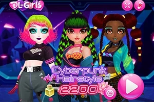 カラフルなサイバーパンクスタイルの髪型と衣装をした3人の女性キャラクターが描かれた画像。