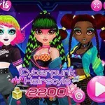 カラフルなサイバーパンクスタイルの髪型と衣装をした3人の女性キャラクターが描かれた画像。