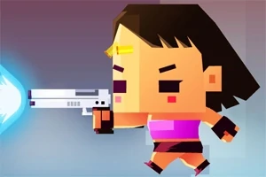 ピンク色のトップを着た四角いキャラクターが、光線を発射する銃を構えている。
