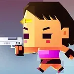ピンク色のトップを着た四角いキャラクターが、光線を発射する銃を構えている。