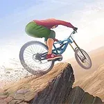自転車に乗った人物が険しい崖を下るイラスト。