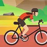 赤いジャージを着たサイクリストが2人、自転車で走っている。