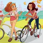 自転車に乗った二人の女の子が公園で楽しげな様子で会話している。