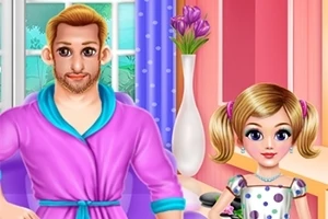 紫色の服を着た男性と、水玉模様の子供用ドレスを着た金髪の少女が室内に立っている。