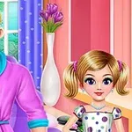 紫色の服を着た男性と、水玉模様の子供用ドレスを着た金髪の少女が室内に立っている。