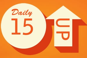 オレンジ色の背景に白い円と矢印があり、「Daily 15 UP」と書かれている。