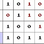 白いグリッドに黒と赤の数字「0」と「1」がランダムに配置されている。