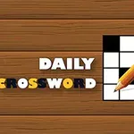 木目の背景にクロスワードパズルと鉛筆のイラストが描かれているデザイン。