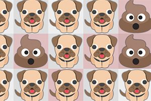 グリッド状に並んだパグのイラストとかわいいうんちのアイコン。