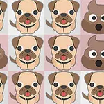 グリッド状に並んだパグのイラストとかわいいうんちのアイコン。
