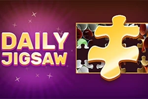 紫色の背景に「DAILY JIGSAW」と書かれた文字と、大きな金色のジグソーピースがあります。
