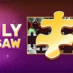 紫色の背景に「DAILY JIGSAW」と書かれた文字と、大きな金色のジグソーピースがあります。