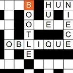クロスワードパズルの一部で、単語「BOOTLEG」、「HUNTS」、「OBLIQUELY」、「PRAYED」が含まれている。