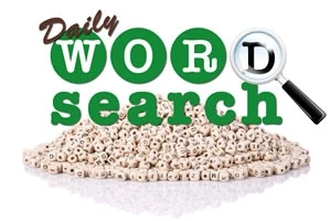 白い背景に積み重なった小さなブロックの上に「Daily Word Search」の文字と虫眼鏡があるデザイン。