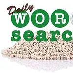 白い背景に積み重なった小さなブロックの上に「Daily Word Search」の文字と虫眼鏡があるデザイン。