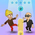 2人のアニメキャラクターが青い背景でダンスしている様子。