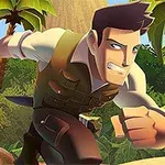 ジャングルの中で走るアニメ風の男性キャラクター。