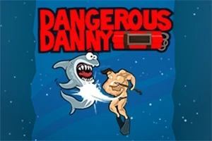 カートゥーン風のサメと筋肉質の男性が海の中で戦っているイラスト。