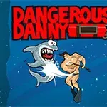 カートゥーン風のサメと筋肉質の男性が海の中で戦っているイラスト。