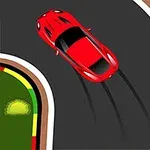 赤い車が曲がりくねった道路を走行している様子。
