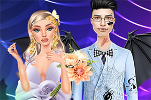 白いドレスの金髪の女性と、眼鏡をかけた白いタキシード姿の男性が花束を持ち、背中に黒い翼を生やして並ぶイラスト。