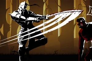 騎士が黒い背景の前で剣を振り、クリーチャーに立ち向かうシーン。