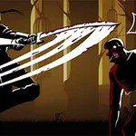 騎士が黒い背景の前で剣を振り、クリーチャーに立ち向かうシーン。