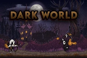 月夜の背景に、「DARK WORLD」の文字とスケルトンのキャラクターが並ぶ、暗い森の風景。