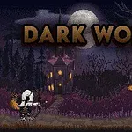 月夜の背景に、「DARK WORLD」の文字とスケルトンのキャラクターが並ぶ、暗い森の風景。