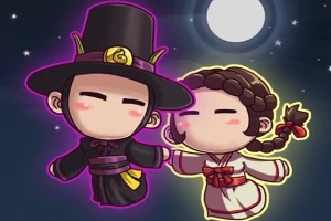 満月の下で伝統的な韓国衣装を着たキャラクターが手をつないでいるイラスト。