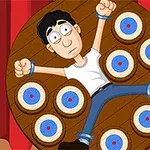 男性が板に縛られ、周囲にターゲットが描かれたアニメーション風のイラスト。
