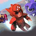 赤いアーマーを着たキャラクターが空中で宙に浮かび、右上にトゲのついた青い球体がある。
