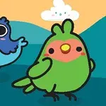 青い小鳥と緑色のインコが描かれたかわいいイラスト。