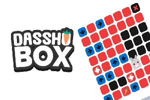 「DASSHO BOX」のロゴと、カラフルな矢印や渦巻き、うさぎのアイコンが並ぶパズルのグリッド。
